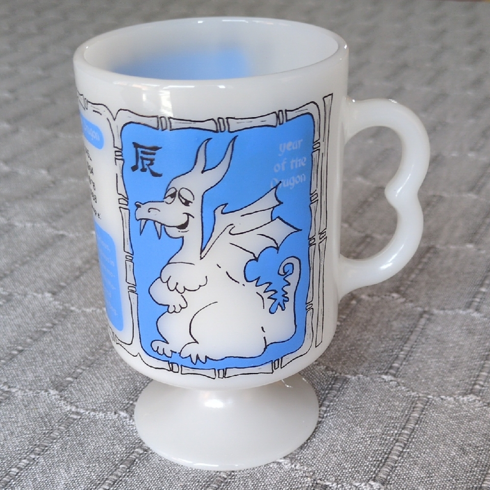 Vintage Milk Glass Pedestal Mug Year Of The Dragon Blue USA